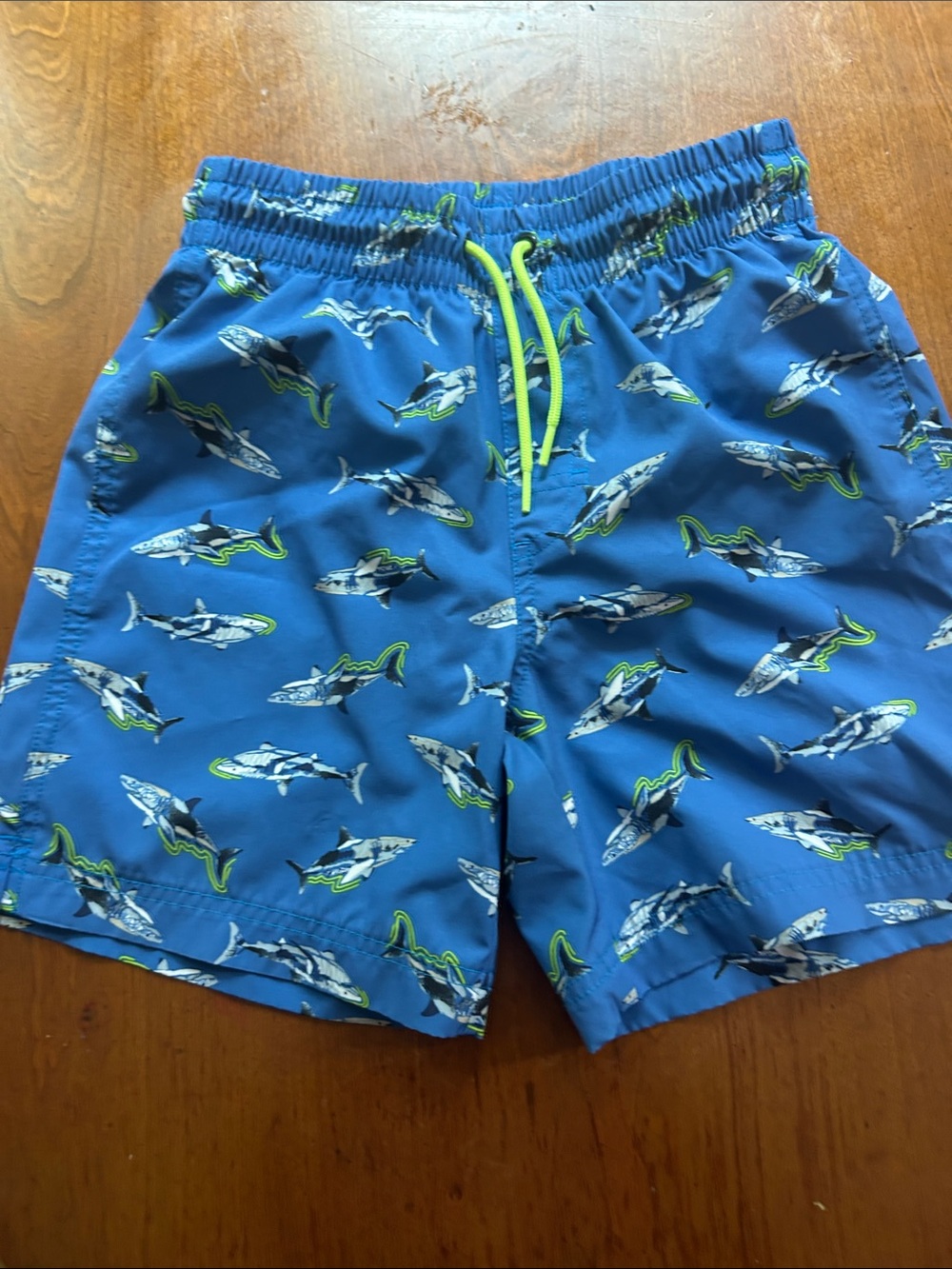 Old Navy Blue Shark-Print Swim Trunks with Neon Drawstring